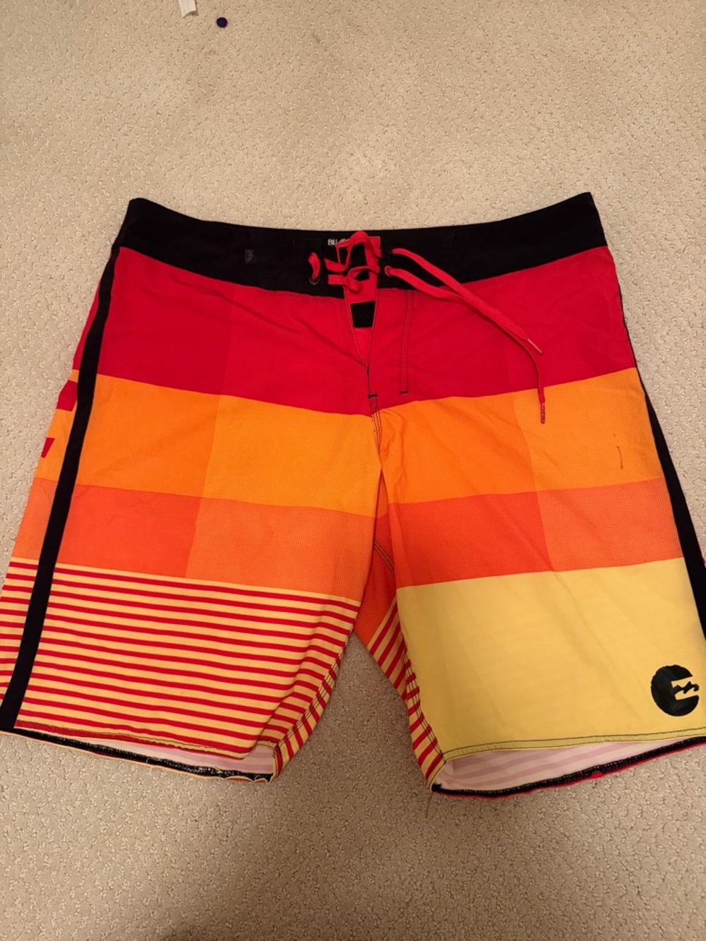 Billabong Men's Red, Orange & Yellow Gradient Stripe Board Shorts size 36 #surf